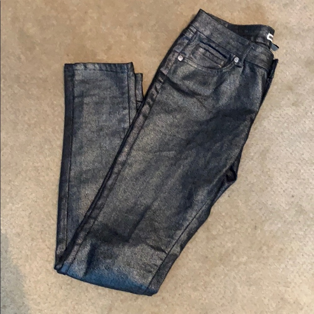 Glitter print button front zipper 5 pocket jeans